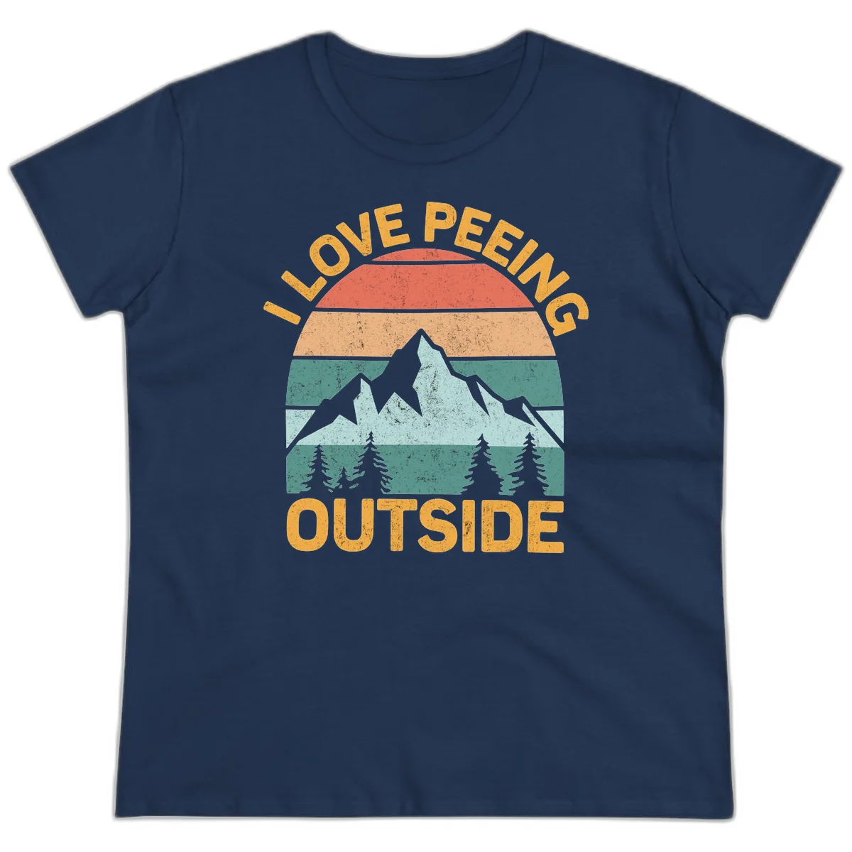 Retro sunset design with snow mountains and trees, text reads 'I Love Peeling Outside' in distressed gold lettering in Navy