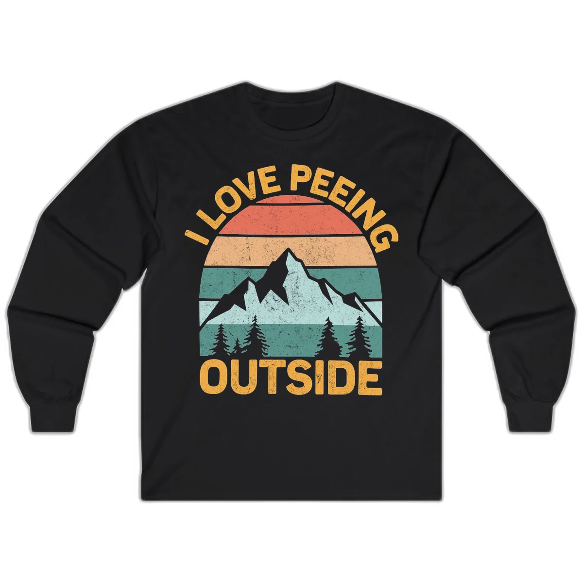 Retro sunset design with snow mountains and trees, text reads 'I Love Peeling Outside' in distressed gold lettering in Black