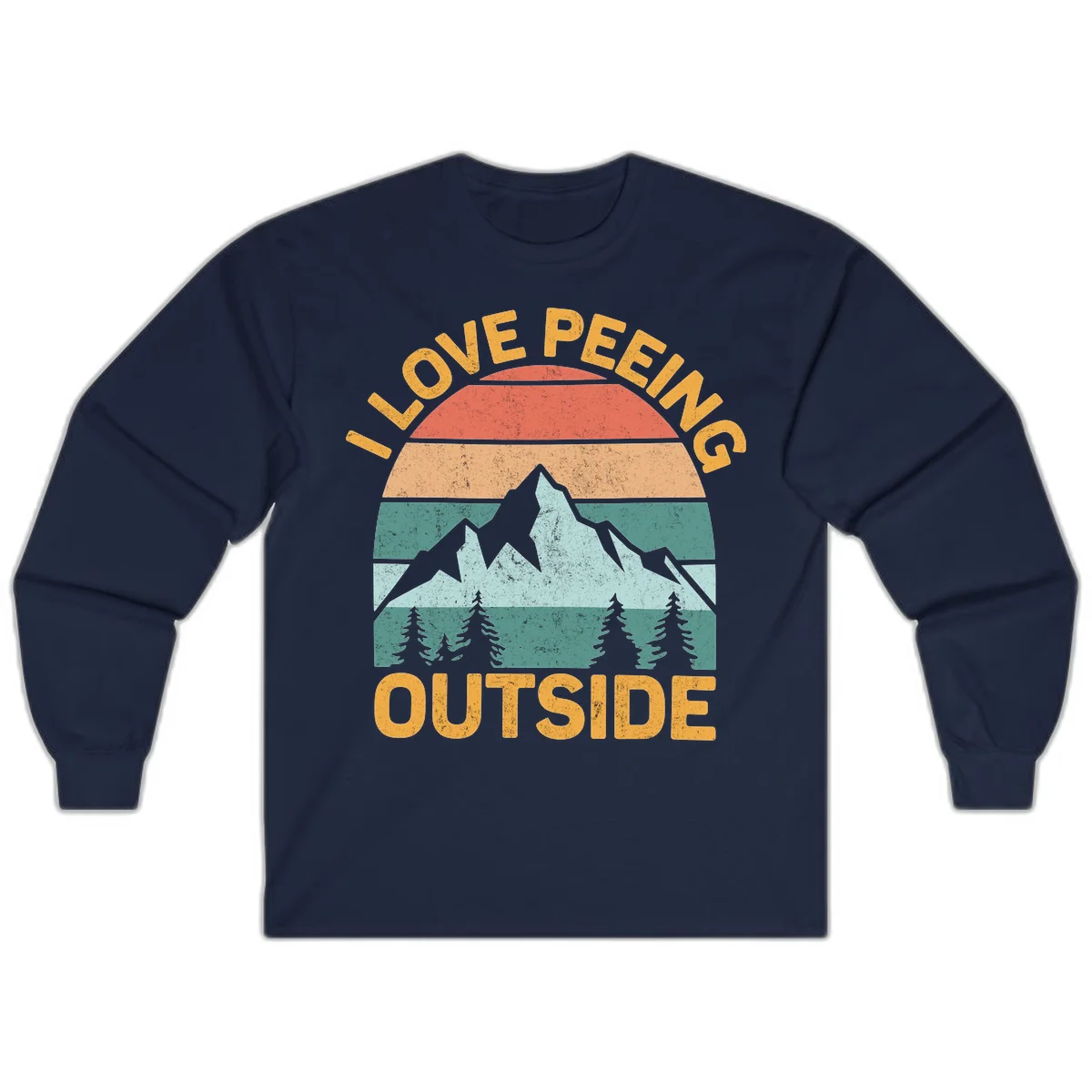 Retro sunset design with snow mountains and trees, text reads 'I Love Peeling Outside' in distressed gold lettering in Navy