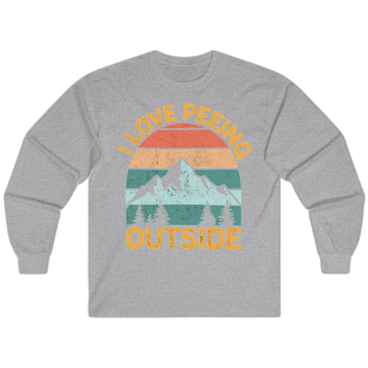 Retro sunset design with snow mountains and trees, text reads 'I Love Peeling Outside' in distressed gold lettering in Sport Grey