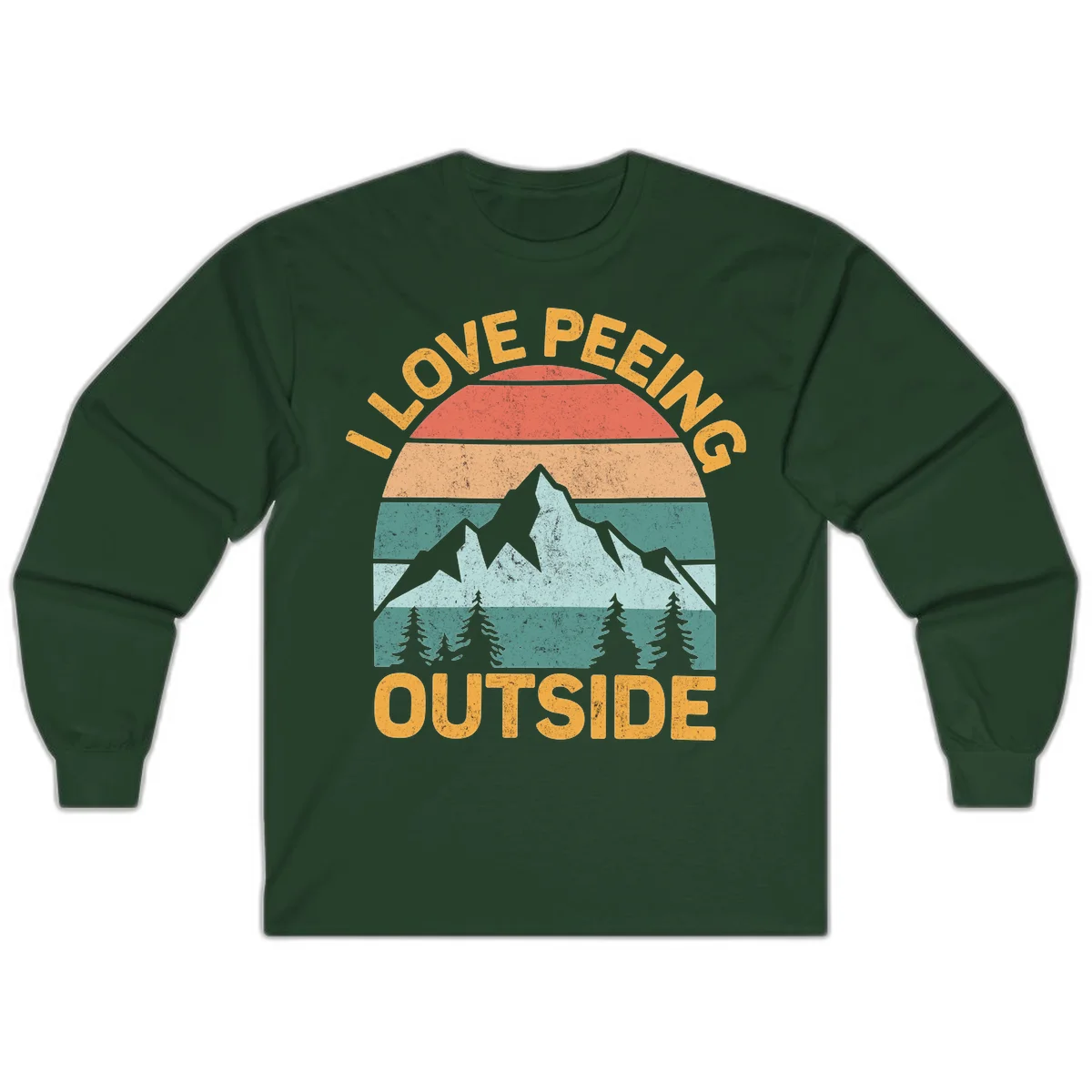 Retro sunset design with snow mountains and trees, text reads 'I Love Peeling Outside' in distressed gold lettering in Forest Green