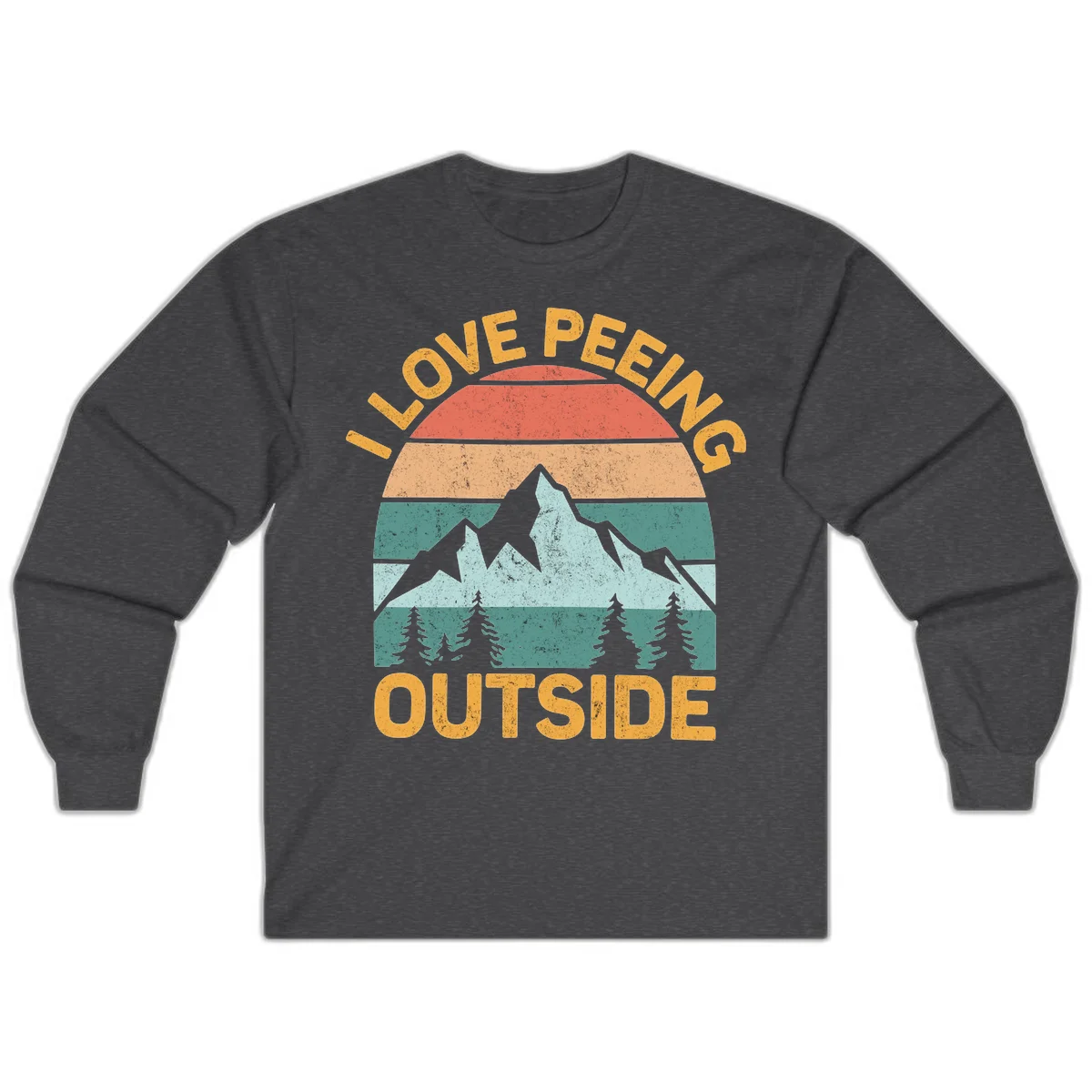 Retro sunset design with snow mountains and trees, text reads 'I Love Peeling Outside' in distressed gold lettering in Dark Heather