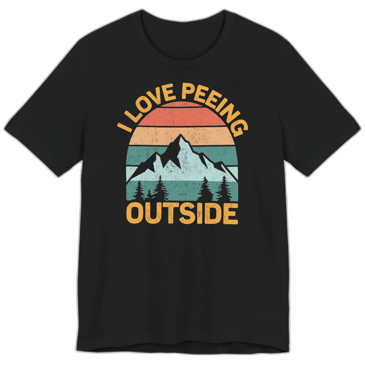 Retro sunset design with snow mountains and trees, text reads 'I Love Peeling Outside' in distressed gold lettering in Black