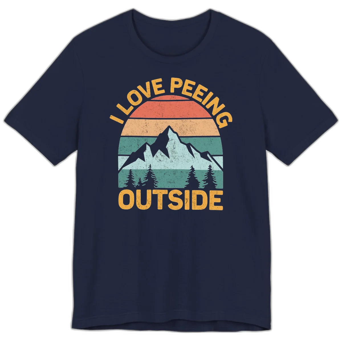 Retro sunset design with snow mountains and trees, text reads 'I Love Peeling Outside' in distressed gold lettering in Navy