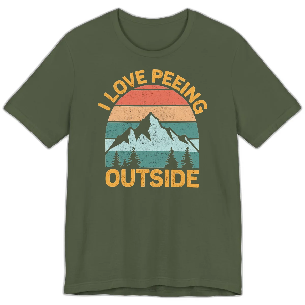 Retro sunset design with snow mountains and trees, text reads 'I Love Peeling Outside' in distressed gold lettering in Military Green