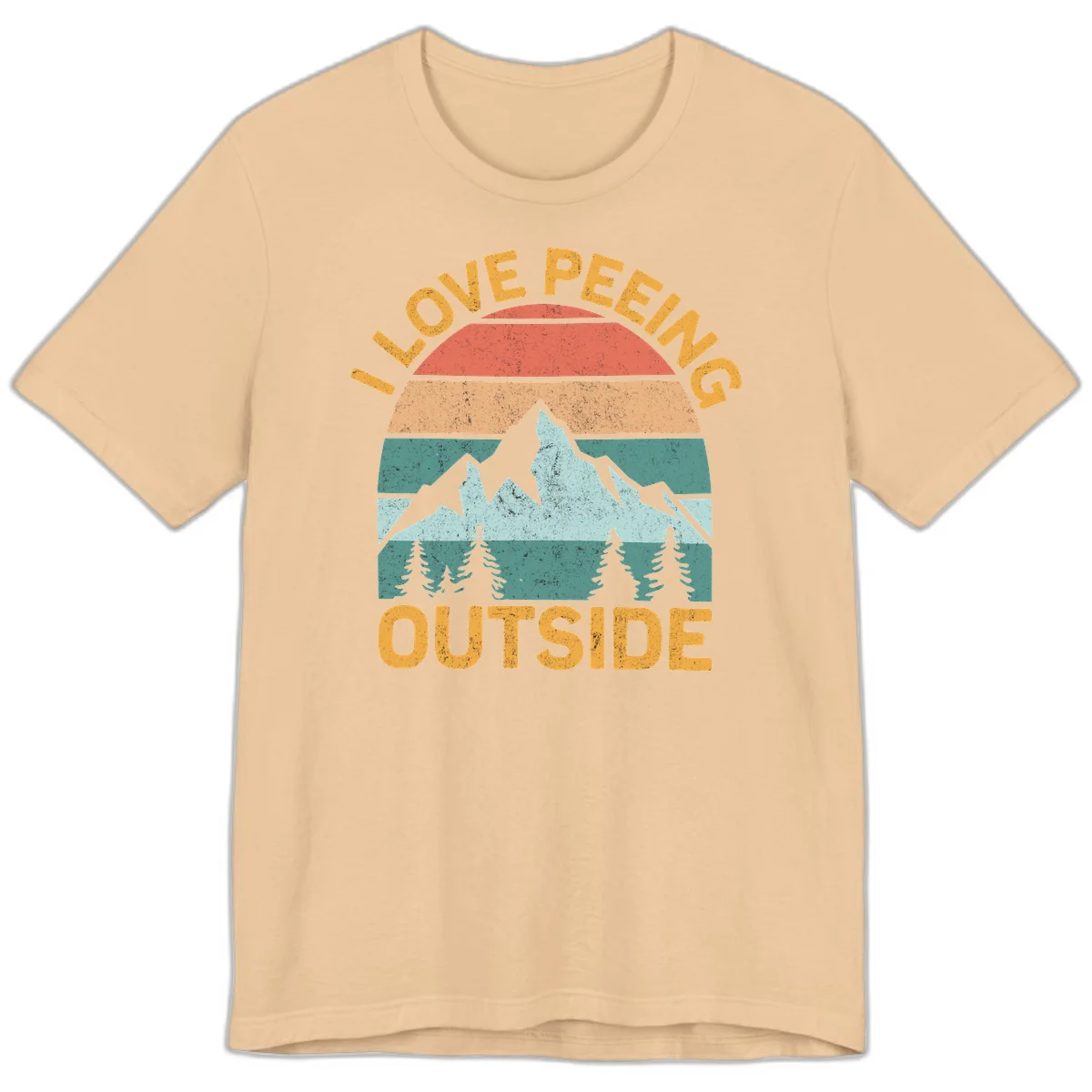 Retro sunset design with snow mountains and trees, text reads 'I Love Peeling Outside' in distressed gold lettering in Sand Dune