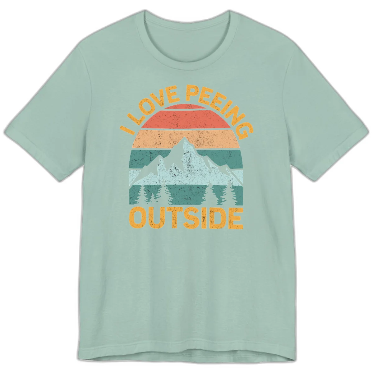 Retro sunset design with snow mountains and trees, text reads 'I Love Peeling Outside' in distressed gold lettering in Dusty Blue