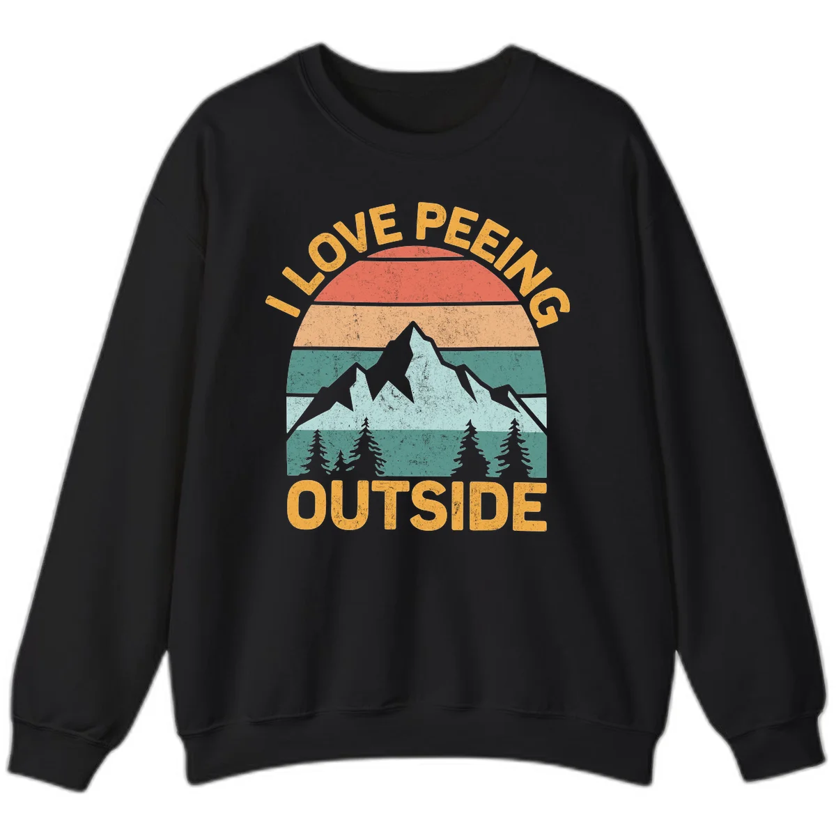 Retro sunset design with snow mountains and trees, text reads 'I Love Peeling Outside' in distressed gold lettering in Black