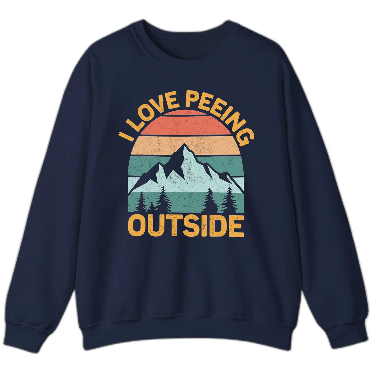Retro sunset design with snow mountains and trees, text reads 'I Love Peeling Outside' in distressed gold lettering in Navy