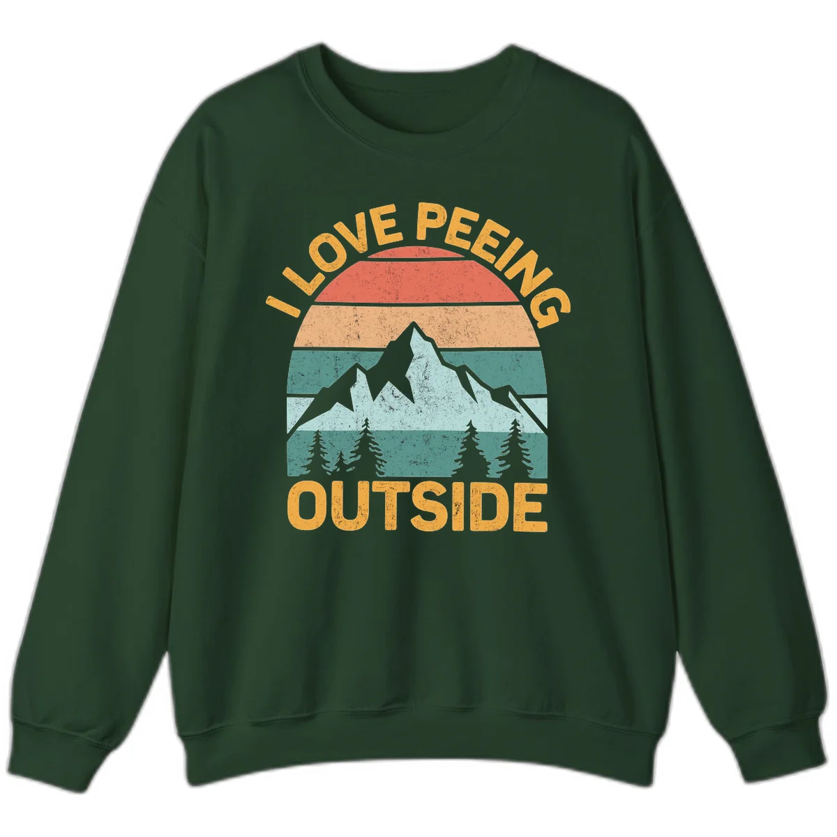 Retro sunset design with snow mountains and trees, text reads 'I Love Peeling Outside' in distressed gold lettering in Forest Green