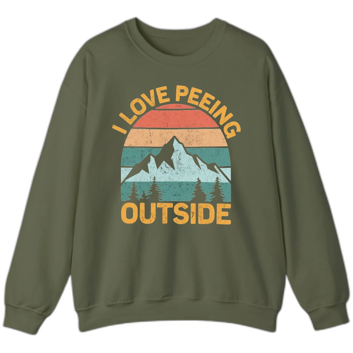 Retro sunset design with snow mountains and trees, text reads 'I Love Peeling Outside' in distressed gold lettering in Military Green