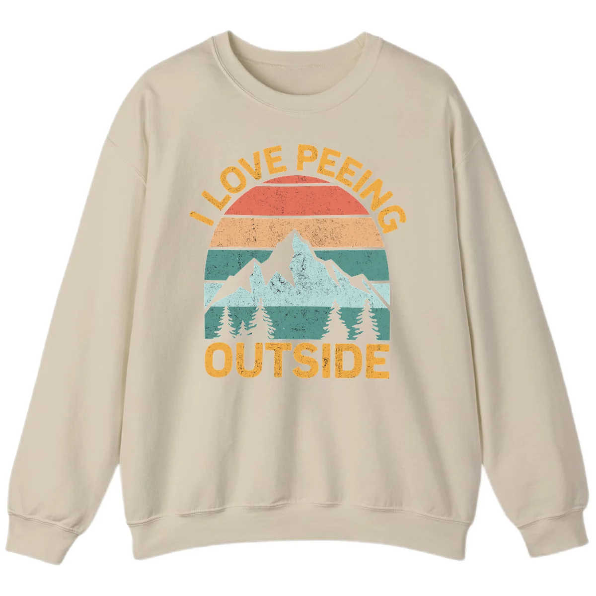 Retro sunset design with snow mountains and trees, text reads 'I Love Peeling Outside' in distressed gold lettering in Sand