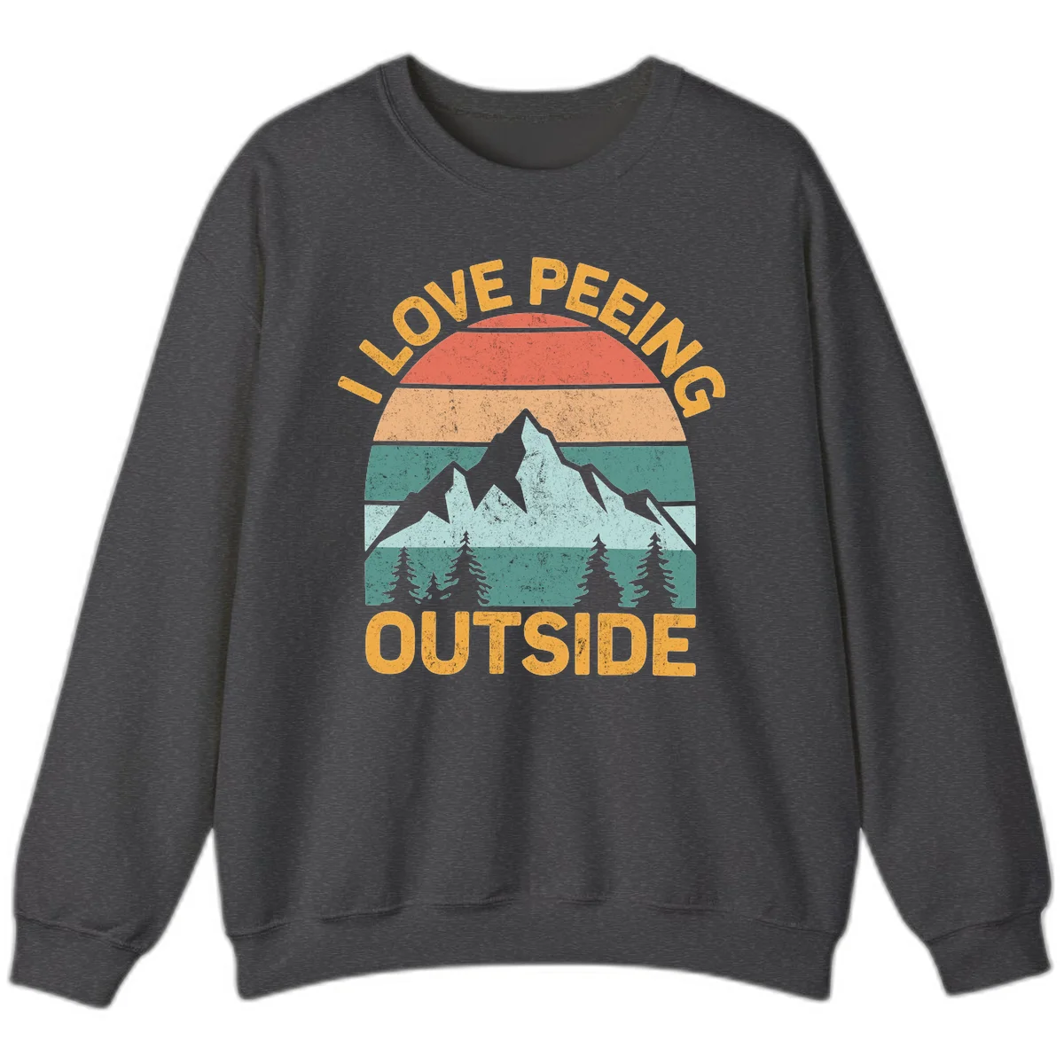 Retro sunset design with snow mountains and trees, text reads 'I Love Peeling Outside' in distressed gold lettering in Dark Heather