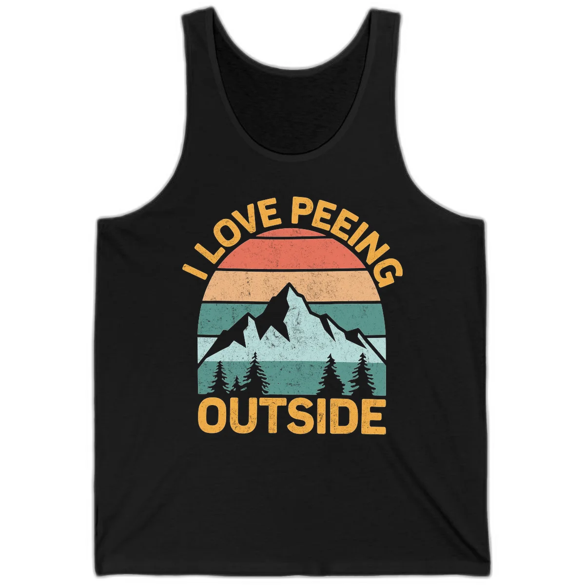 Retro sunset design with snow mountains and trees, text reads 'I Love Peeling Outside' in distressed gold lettering in Black