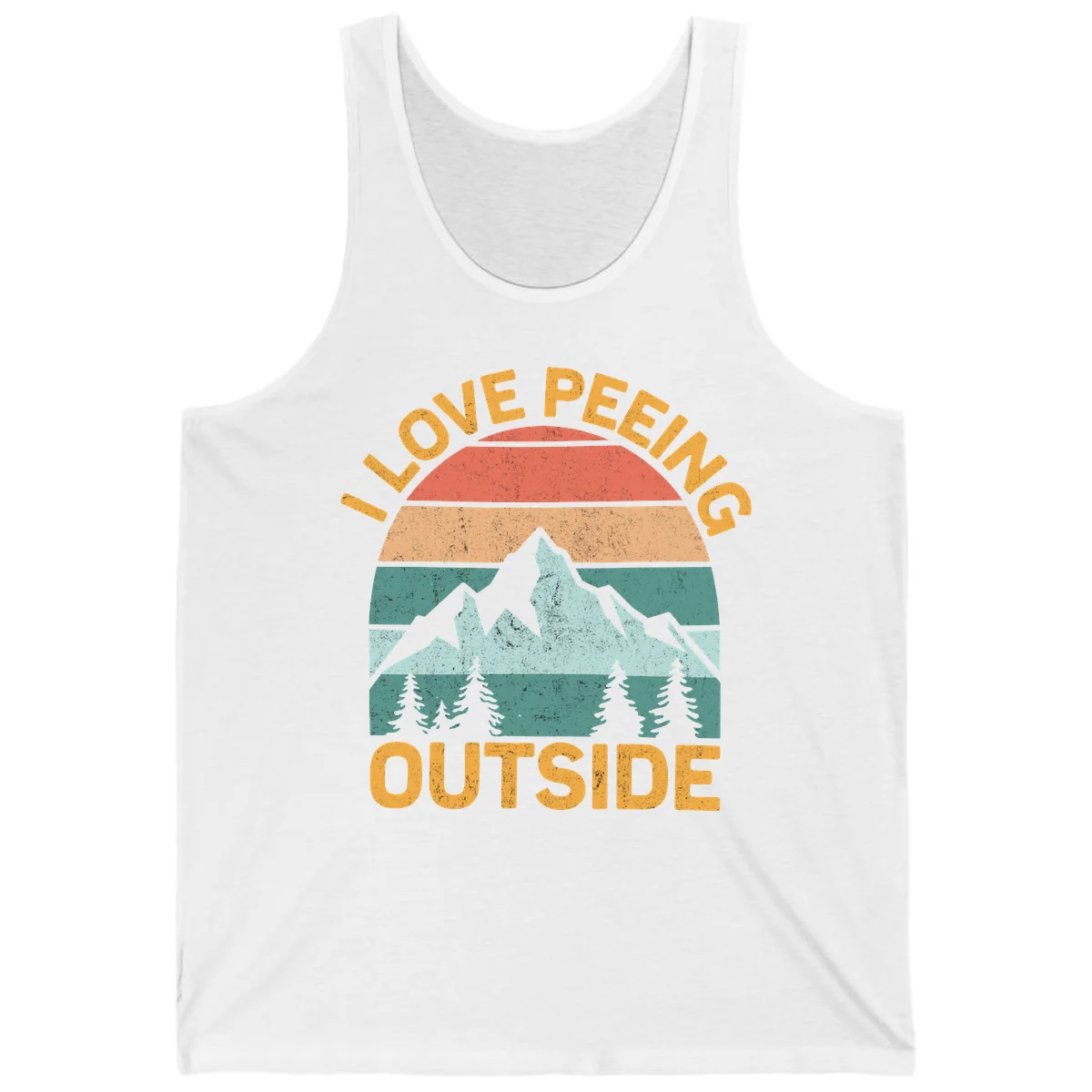 Retro sunset design with snow mountains and trees, text reads 'I Love Peeling Outside' in distressed gold lettering in White