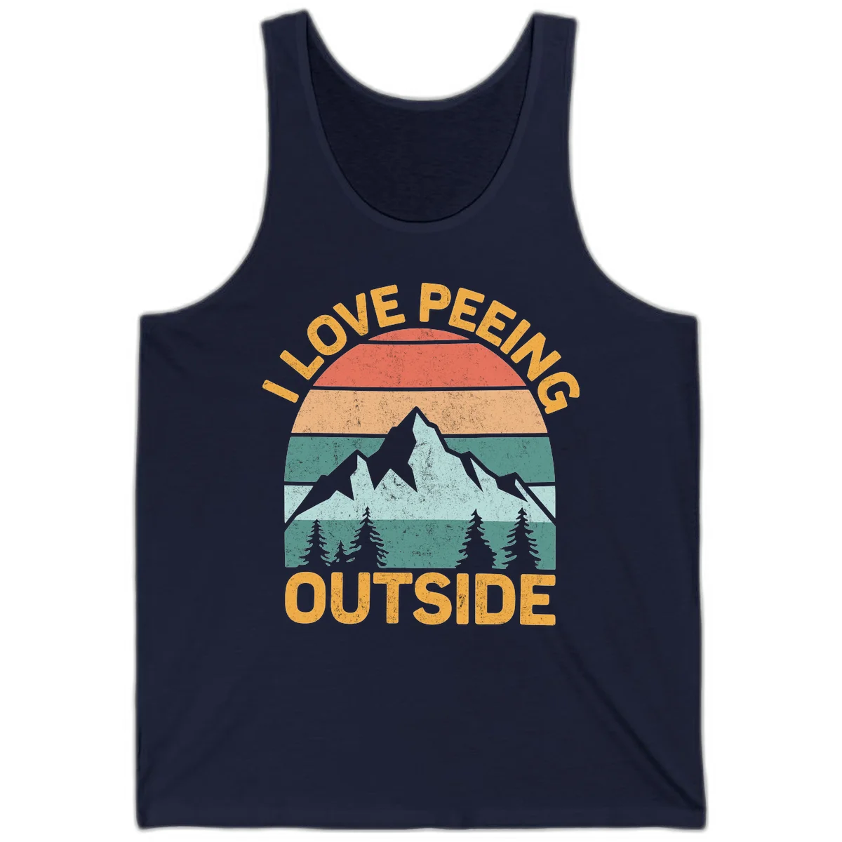 Retro sunset design with snow mountains and trees, text reads 'I Love Peeling Outside' in distressed gold lettering in Navy