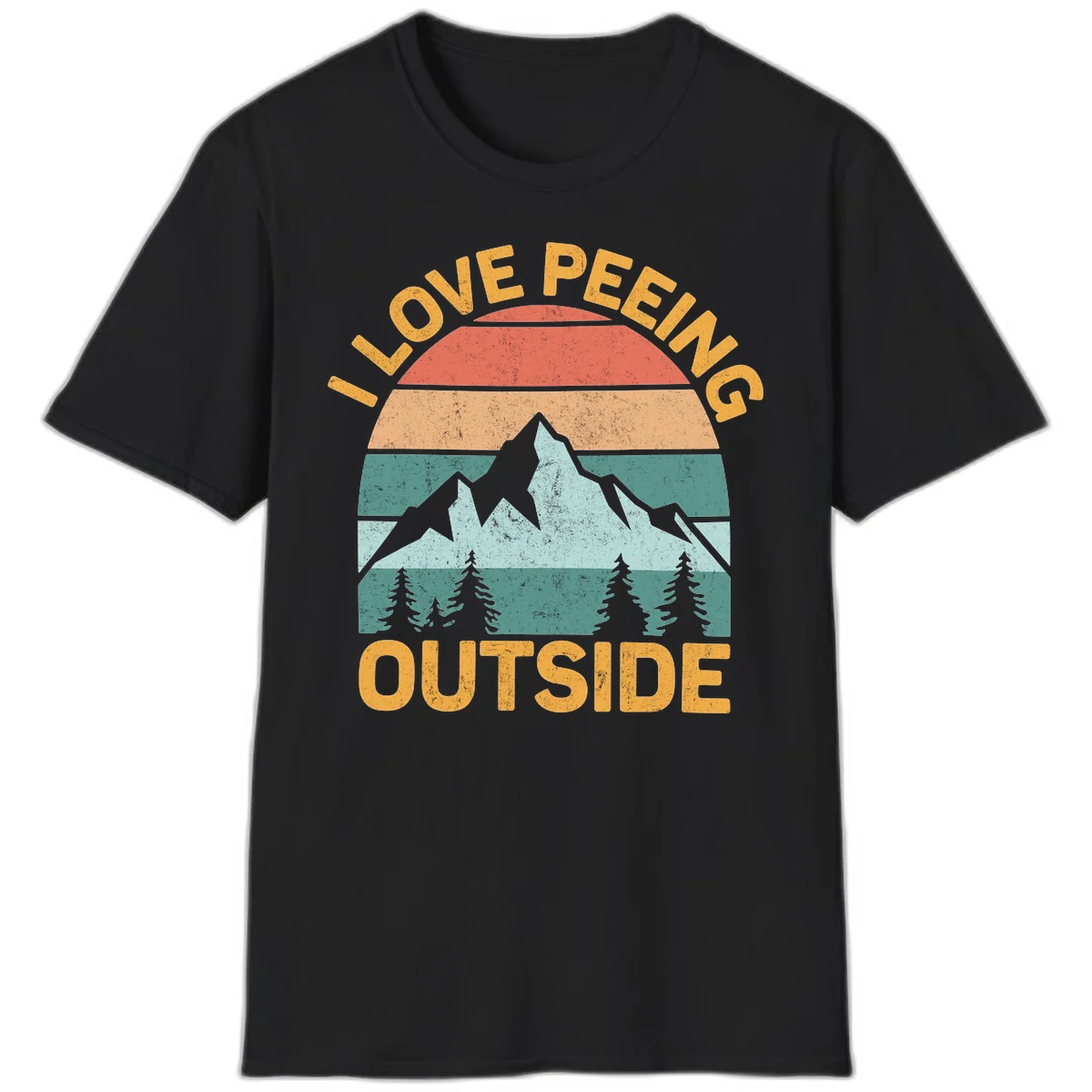 Retro sunset design with snow mountains and trees, text reads 'I Love Peeling Outside' in distressed gold lettering in Black