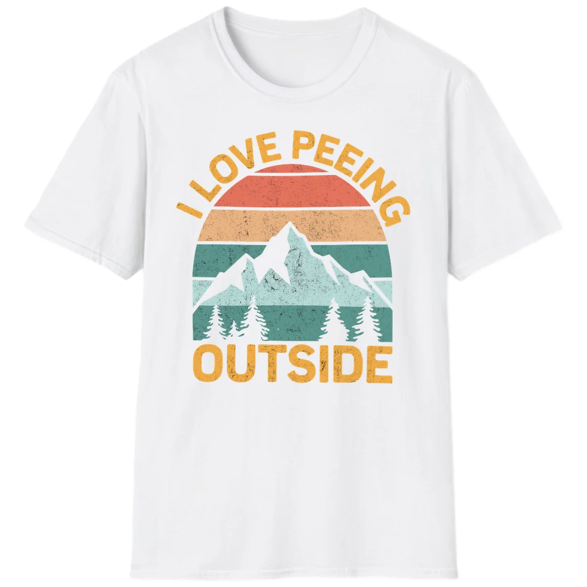 Retro sunset design with snow mountains and trees, text reads 'I Love Peeling Outside' in distressed gold lettering in White