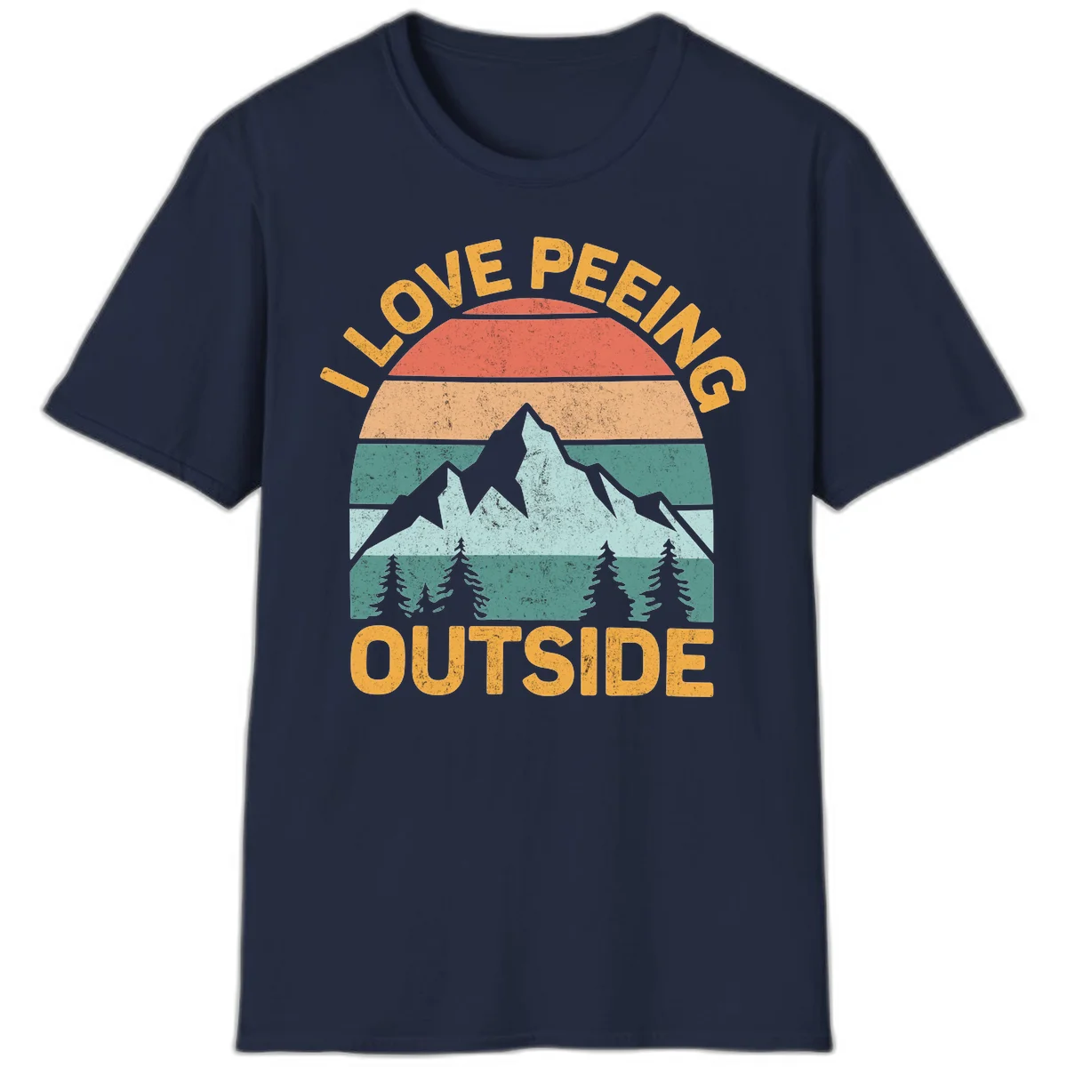 Retro sunset design with snow mountains and trees, text reads 'I Love Peeling Outside' in distressed gold lettering in Navy