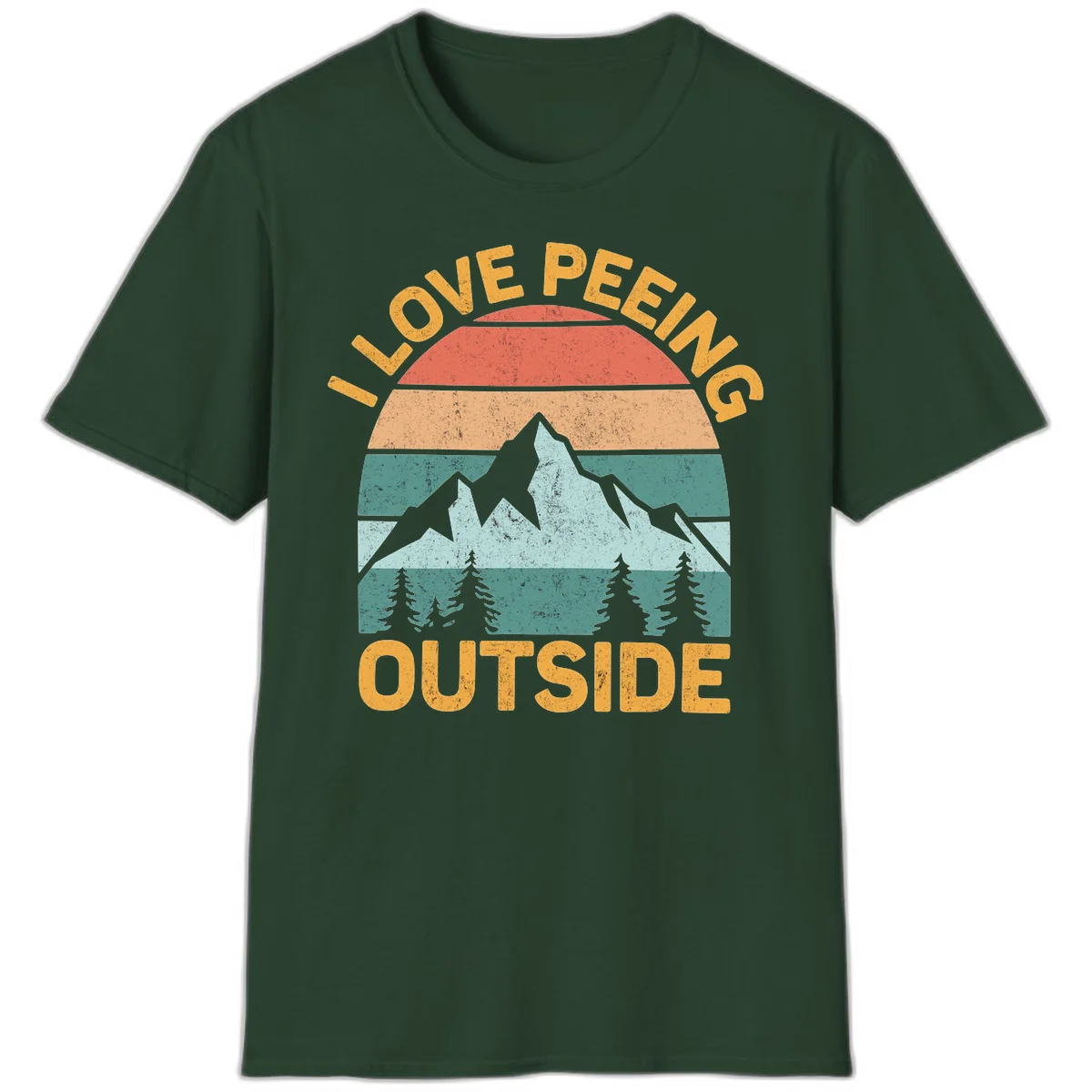 Retro sunset design with snow mountains and trees, text reads 'I Love Peeling Outside' in distressed gold lettering in Forest Green