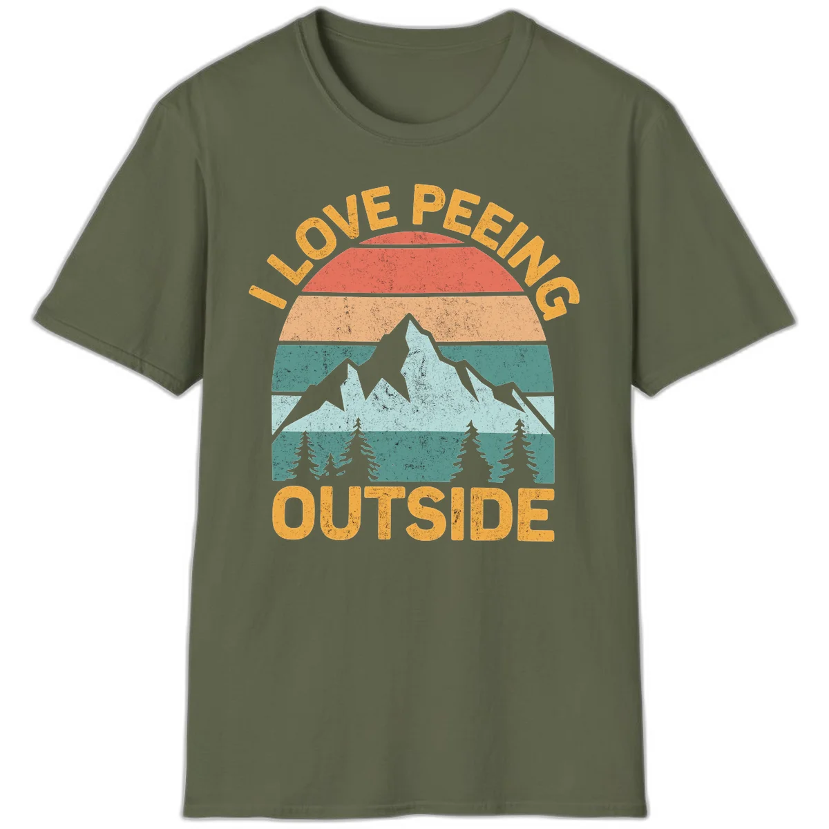 Retro sunset design with snow mountains and trees, text reads 'I Love Peeling Outside' in distressed gold lettering in Military Green