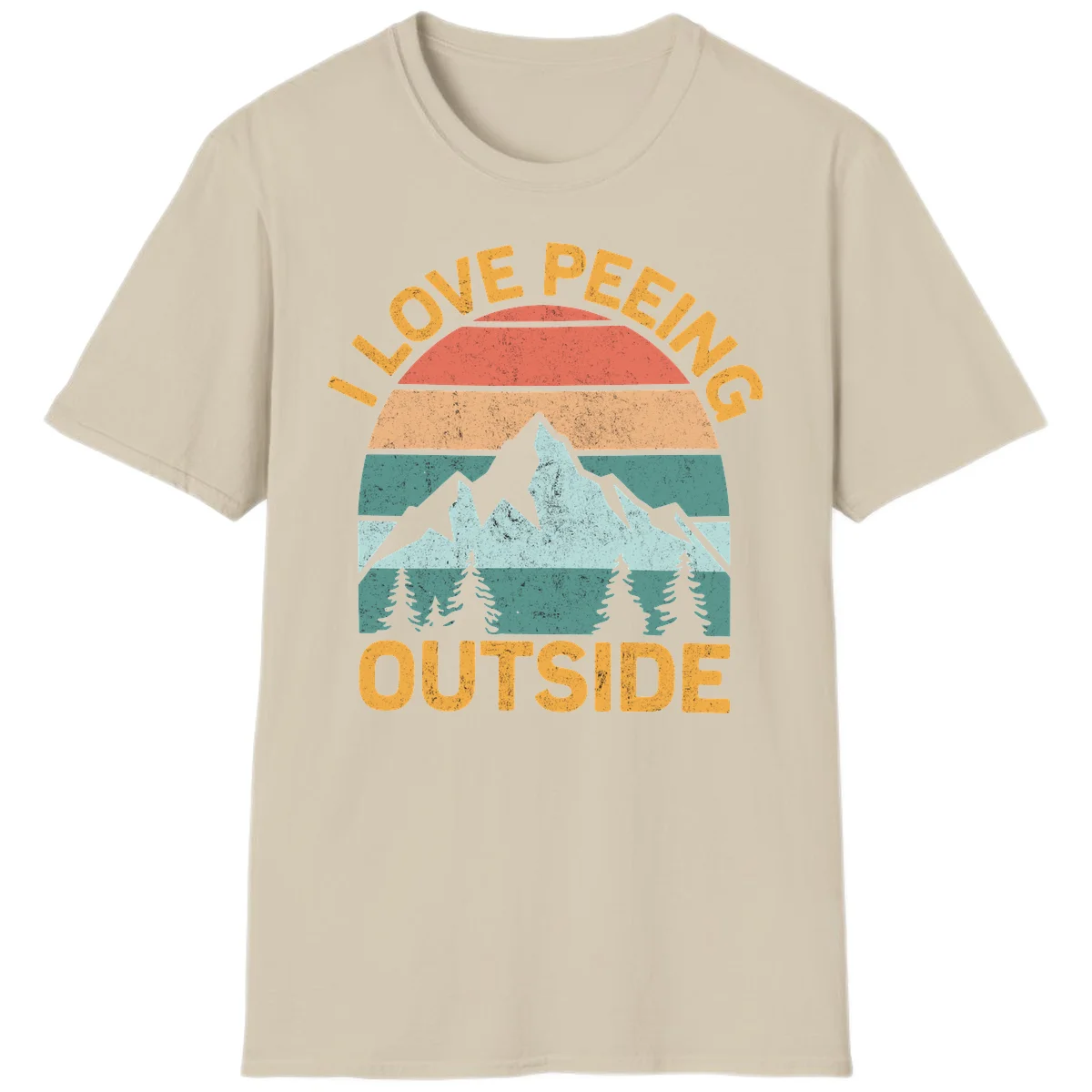 Retro sunset design with snow mountains and trees, text reads 'I Love Peeling Outside' in distressed gold lettering in Sand