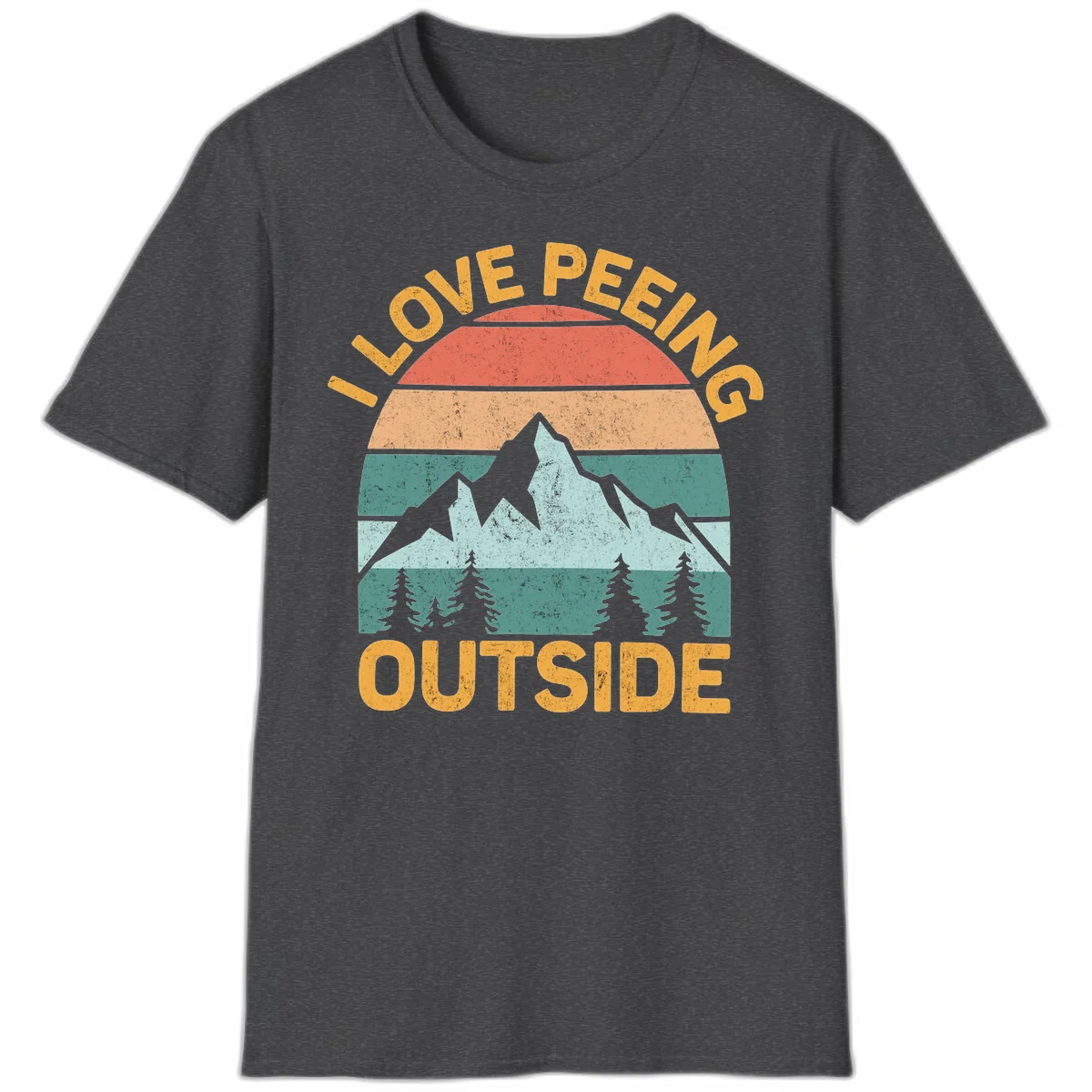 Retro sunset design with snow mountains and trees, text reads 'I Love Peeling Outside' in distressed gold lettering in Dark Heather