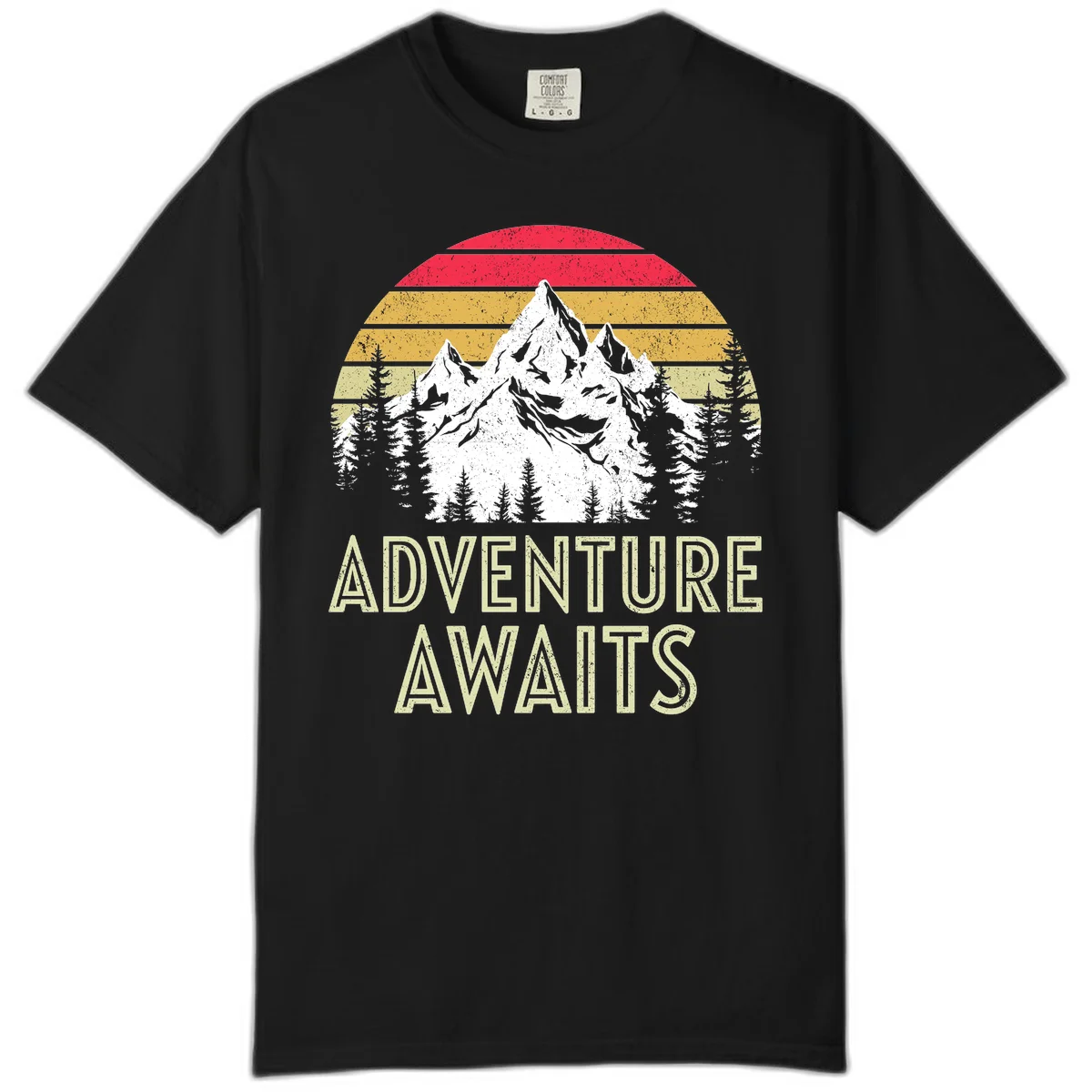 Retro adventure awaits design with snow-capped mountains, pine forest silhouettes, and vintage sunset stripes in distressed style. in Black