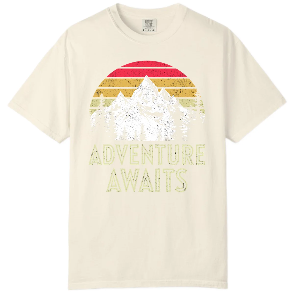 Retro adventure awaits design with snow-capped mountains, pine forest silhouettes, and vintage sunset stripes in distressed style. in Ivory