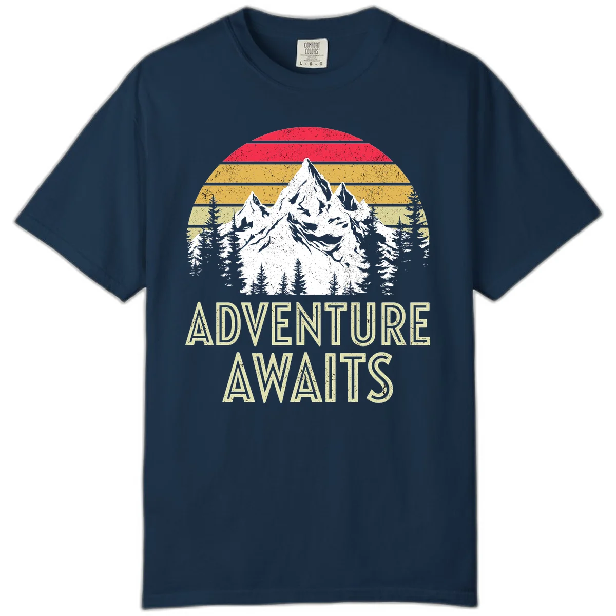 Retro adventure awaits design with snow-capped mountains, pine forest silhouettes, and vintage sunset stripes in distressed style. in True Navy