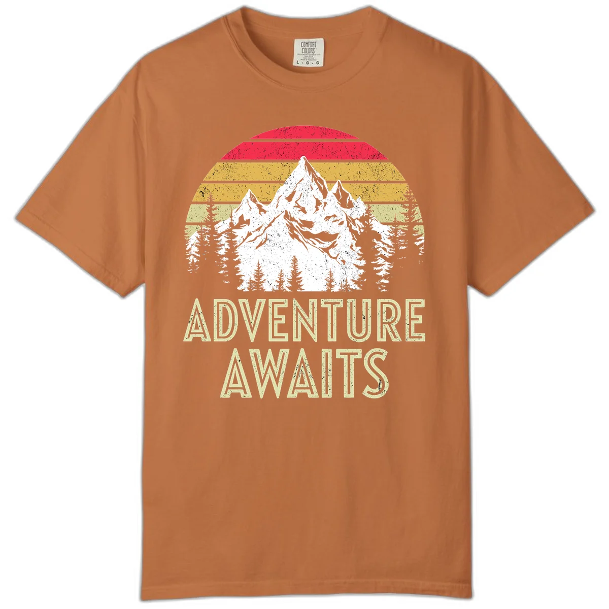 Retro adventure awaits design with snow-capped mountains, pine forest silhouettes, and vintage sunset stripes in distressed style. in Yam