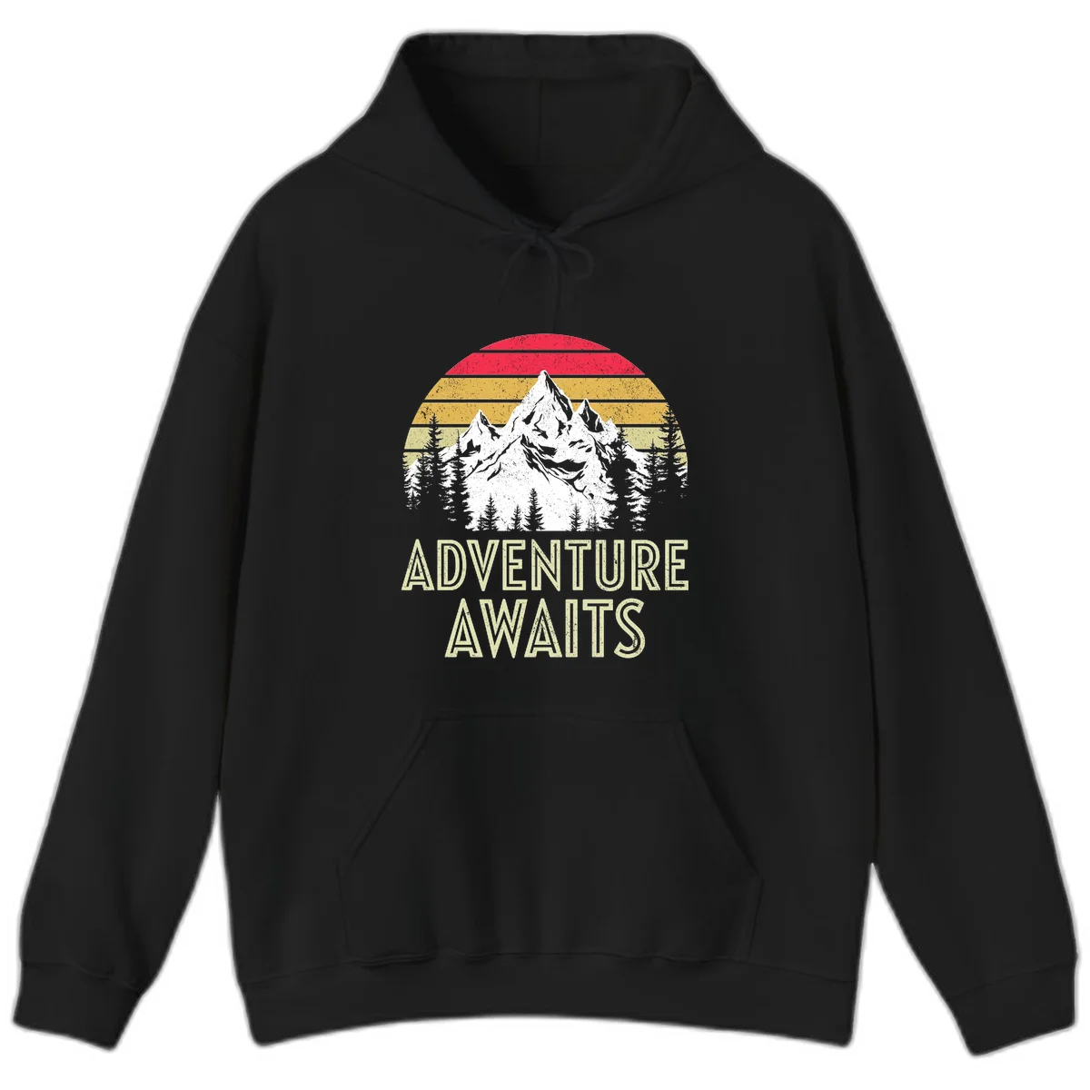 Retro adventure awaits design with snow-capped mountains, pine forest silhouettes, and vintage sunset stripes in distressed style. in Black