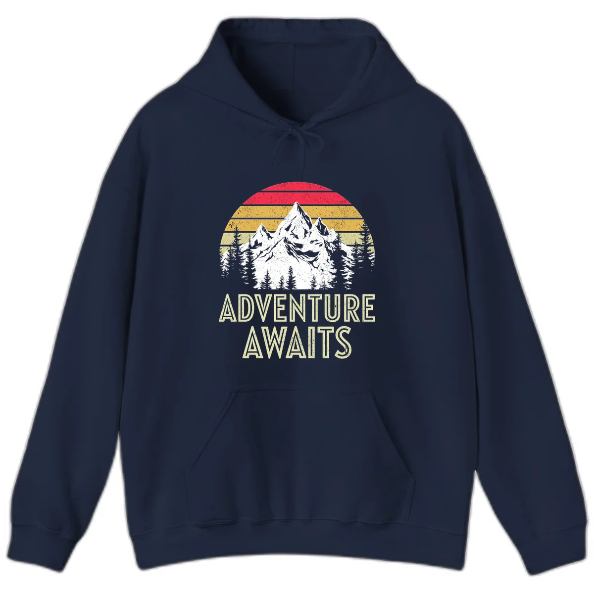 Retro adventure awaits design with snow-capped mountains, pine forest silhouettes, and vintage sunset stripes in distressed style. in Navy