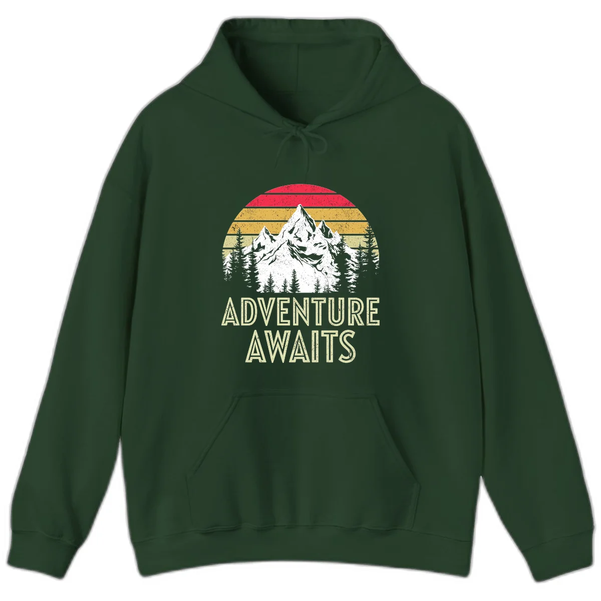 Retro adventure awaits design with snow-capped mountains, pine forest silhouettes, and vintage sunset stripes in distressed style. in Forest Green