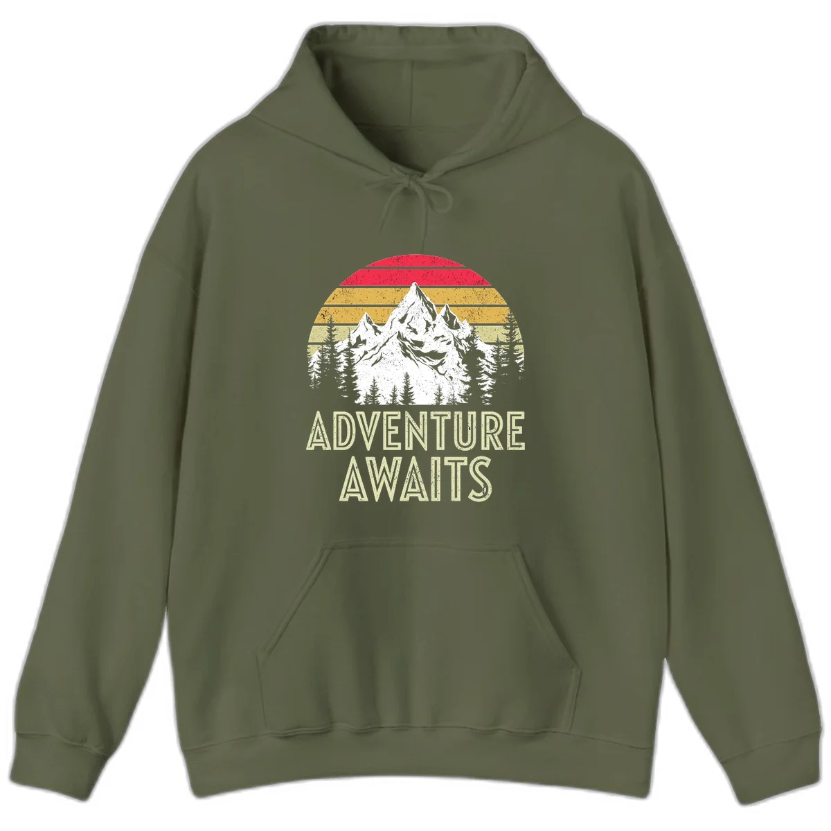 Retro adventure awaits design with snow-capped mountains, pine forest silhouettes, and vintage sunset stripes in distressed style. in Military Green