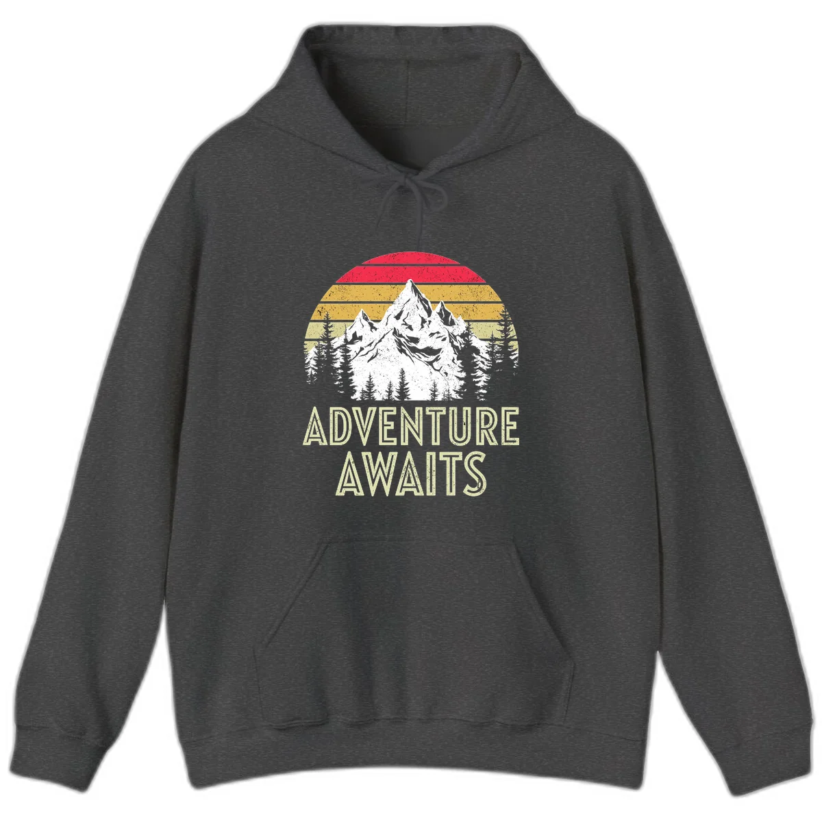 Retro adventure awaits design with snow-capped mountains, pine forest silhouettes, and vintage sunset stripes in distressed style. in Dark Heather