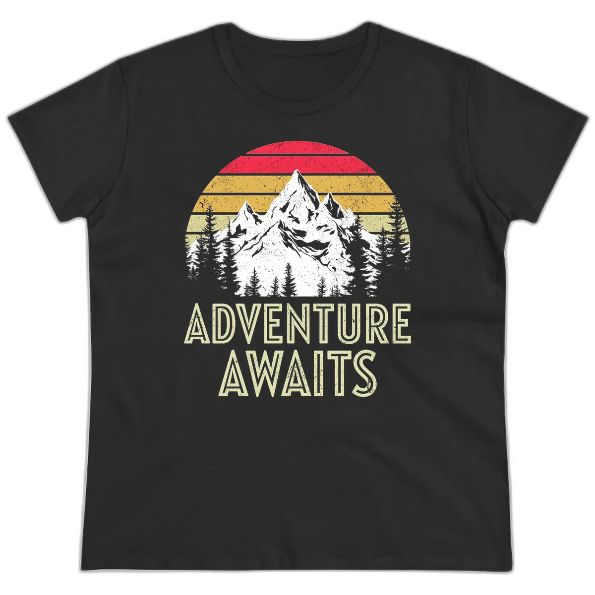 Retro adventure awaits design with snow-capped mountains, pine forest silhouettes, and vintage sunset stripes in distressed style. in Black