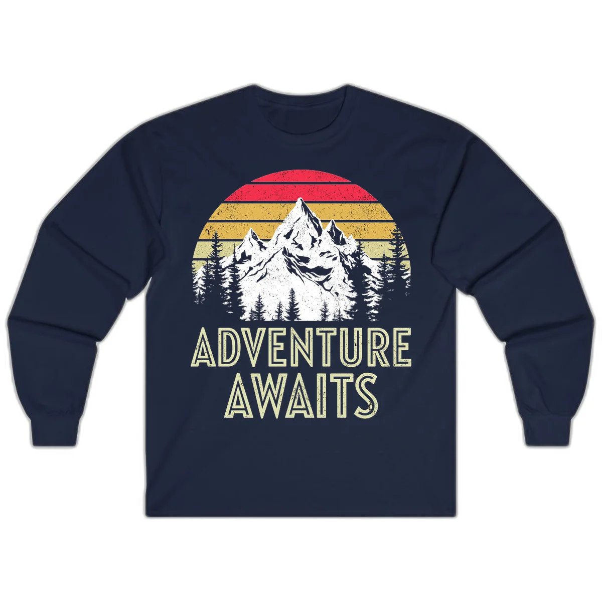 Retro adventure awaits design with snow-capped mountains, pine forest silhouettes, and vintage sunset stripes in distressed style. in Navy