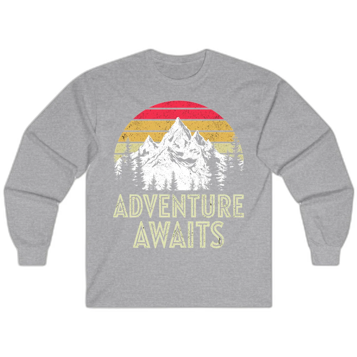 Retro adventure awaits design with snow-capped mountains, pine forest silhouettes, and vintage sunset stripes in distressed style. in Sport Grey