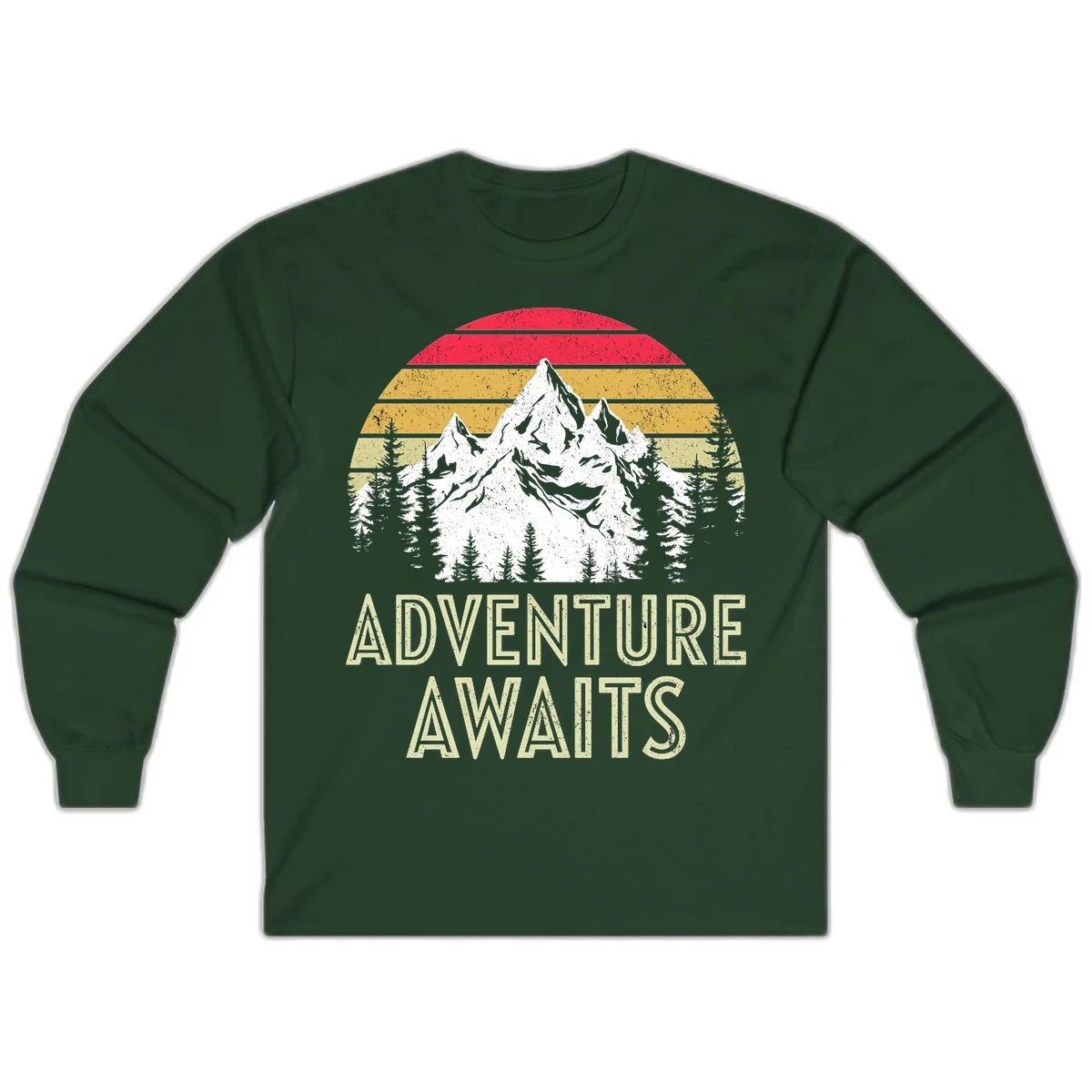 Retro adventure awaits design with snow-capped mountains, pine forest silhouettes, and vintage sunset stripes in distressed style. in Forest Green