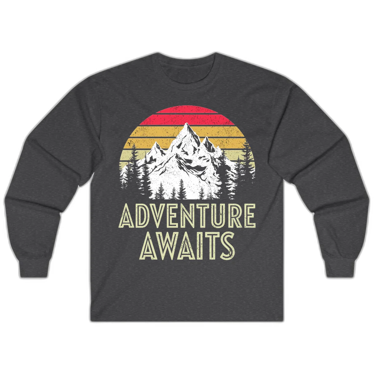 Retro adventure awaits design with snow-capped mountains, pine forest silhouettes, and vintage sunset stripes in distressed style. in Dark Heather