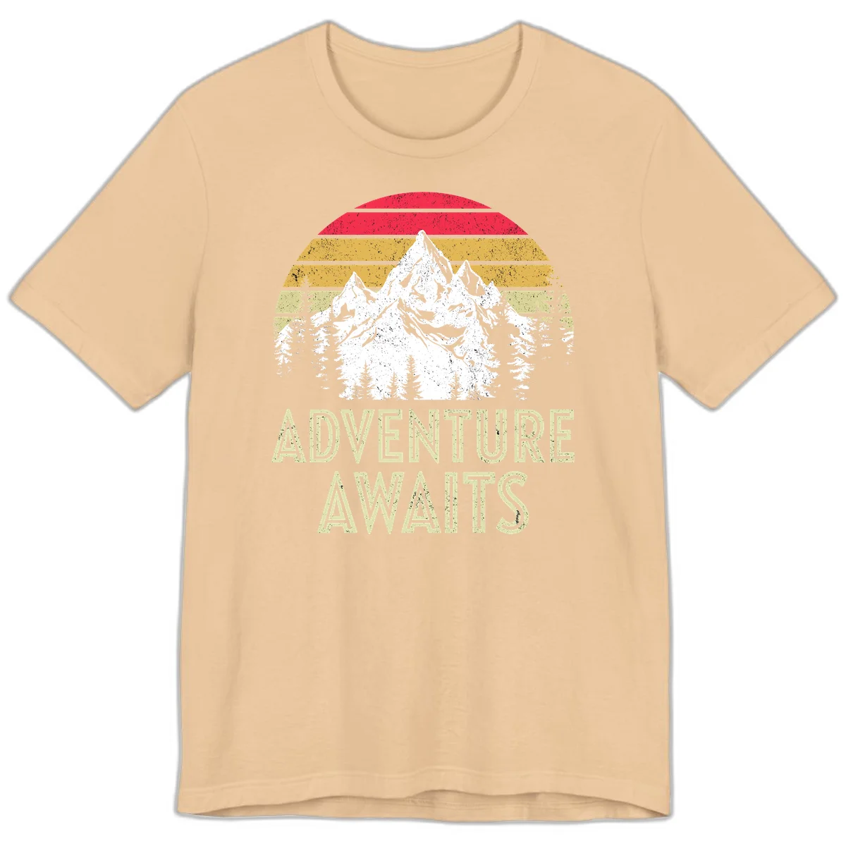 Retro adventure awaits design with snow-capped mountains, pine forest silhouettes, and vintage sunset stripes in distressed style. in Sand Dune