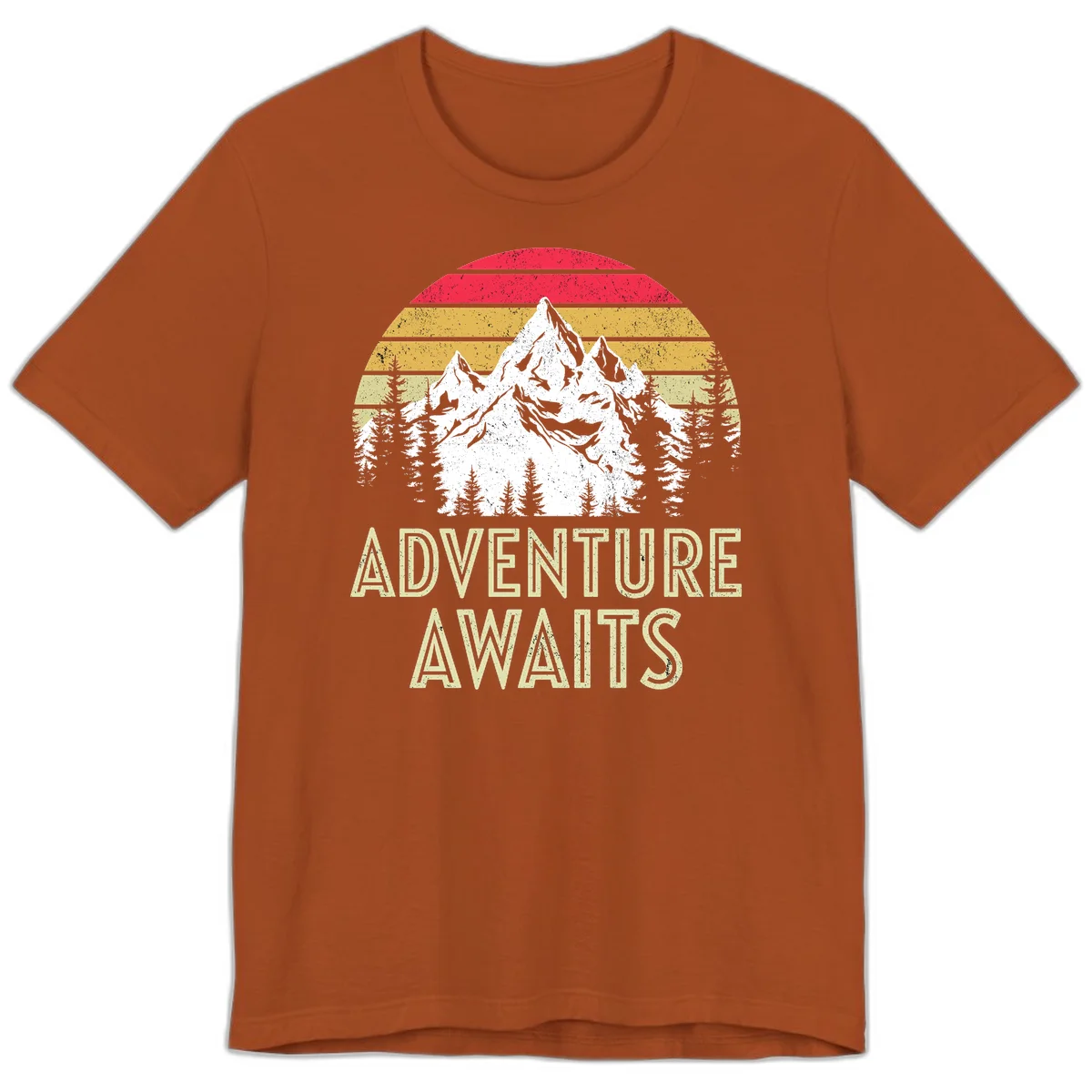 Retro adventure awaits design with snow-capped mountains, pine forest silhouettes, and vintage sunset stripes in distressed style. in Autumn