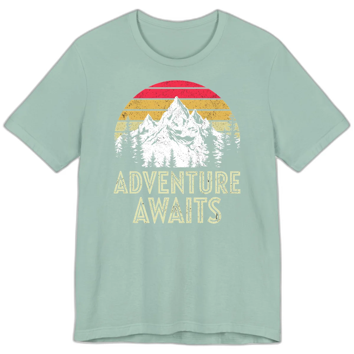 Retro adventure awaits design with snow-capped mountains, pine forest silhouettes, and vintage sunset stripes in distressed style. in Dusty Blue