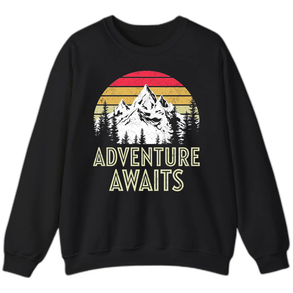 Retro adventure awaits design with snow-capped mountains, pine forest silhouettes, and vintage sunset stripes in distressed style. in Black
