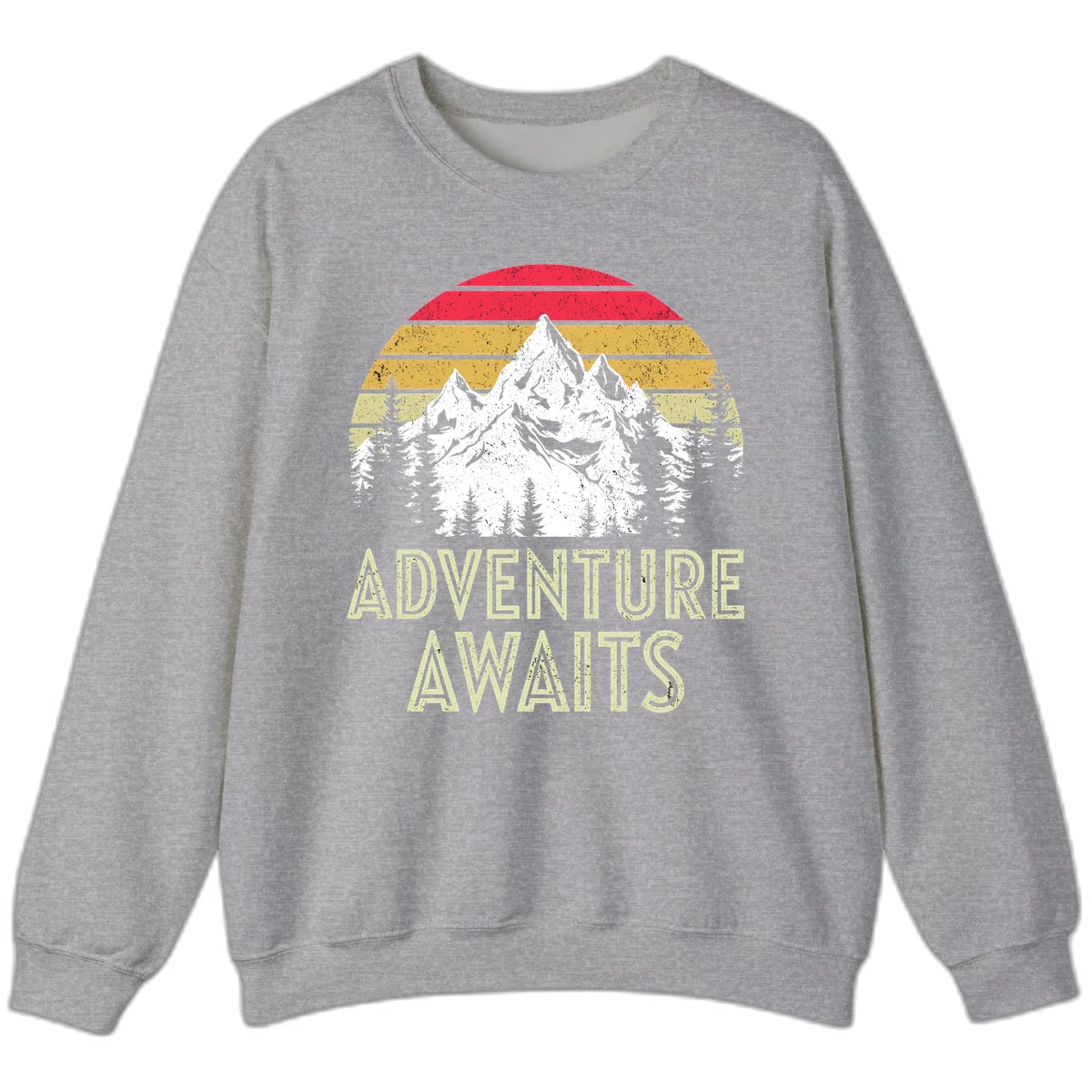 Retro adventure awaits design with snow-capped mountains, pine forest silhouettes, and vintage sunset stripes in distressed style. in Sport Grey