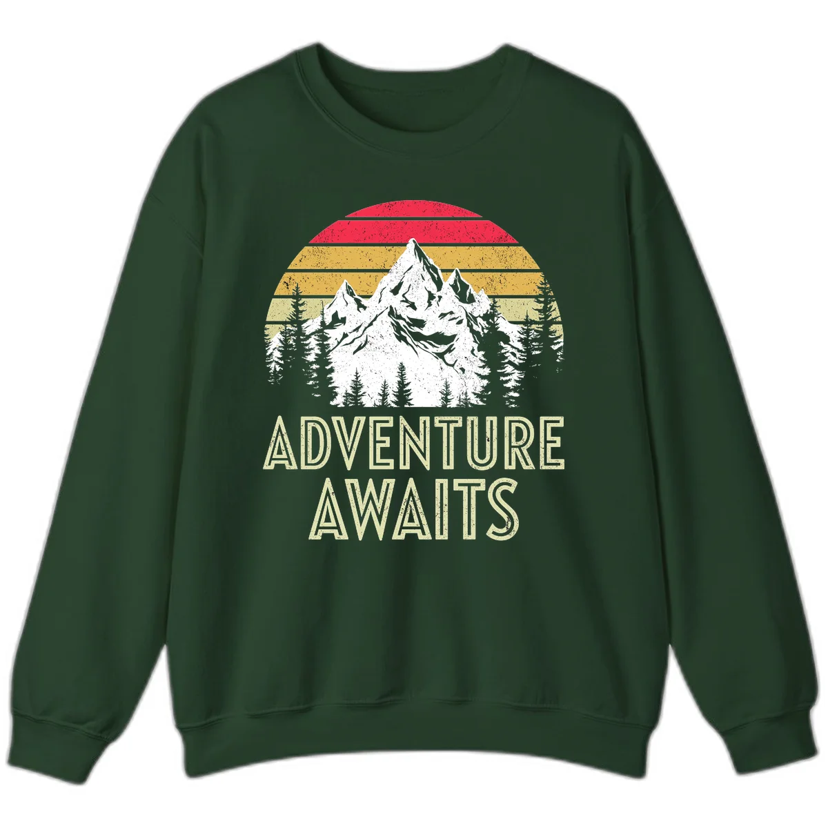 Retro adventure awaits design with snow-capped mountains, pine forest silhouettes, and vintage sunset stripes in distressed style. in Forest Green