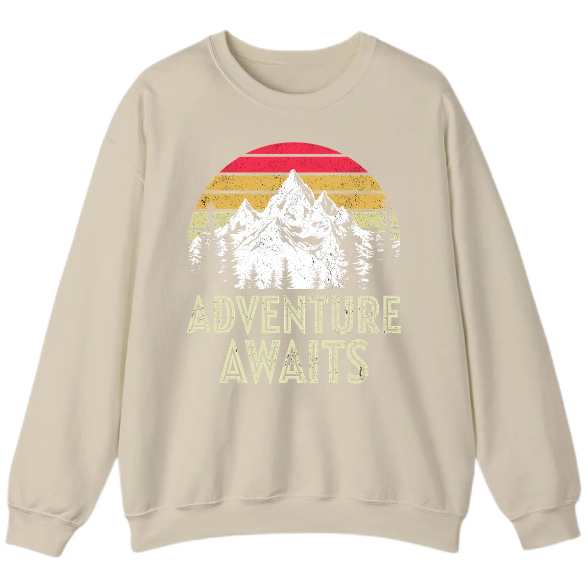 Retro adventure awaits design with snow-capped mountains, pine forest silhouettes, and vintage sunset stripes in distressed style. in Sand