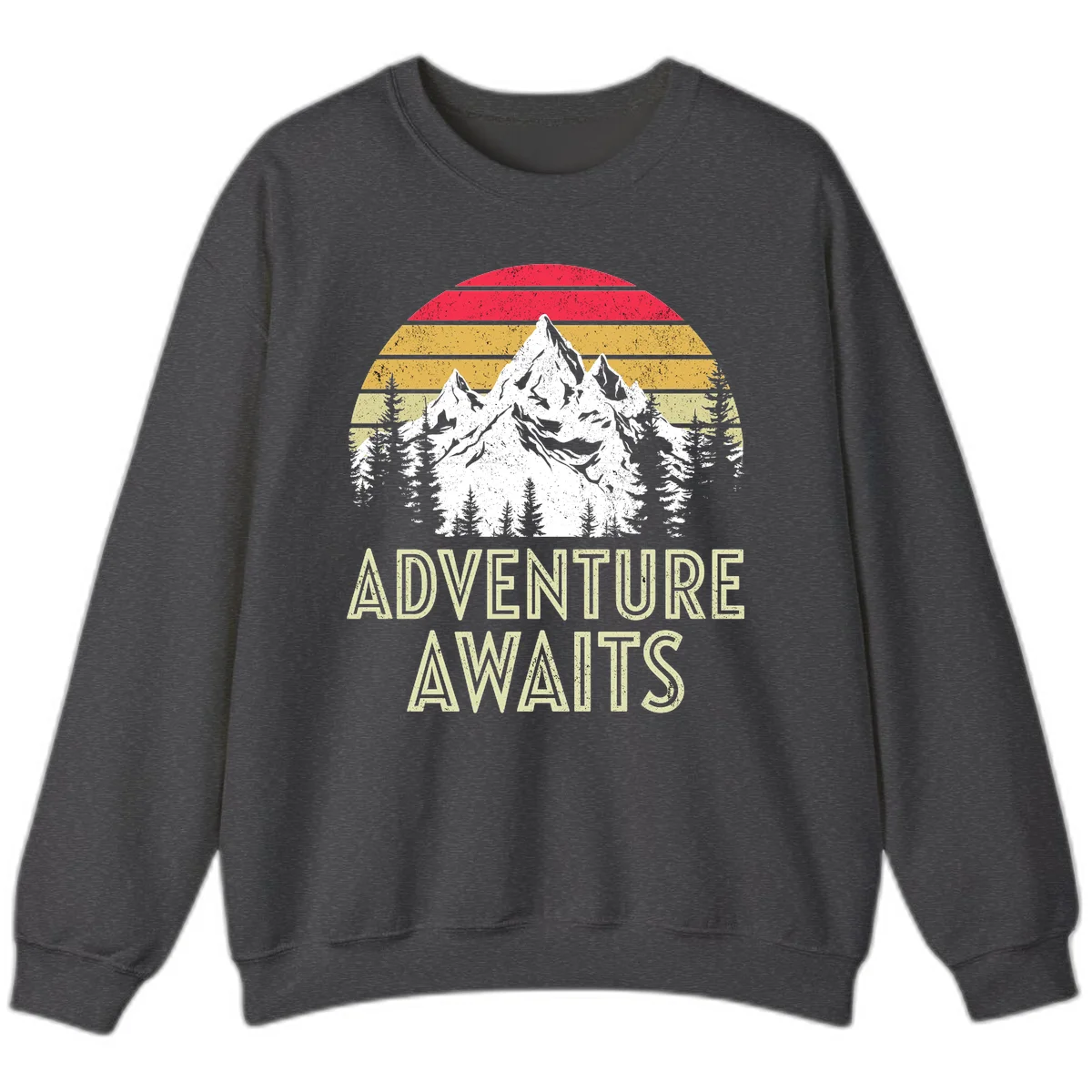 Retro adventure awaits design with snow-capped mountains, pine forest silhouettes, and vintage sunset stripes in distressed style. in Dark Heather