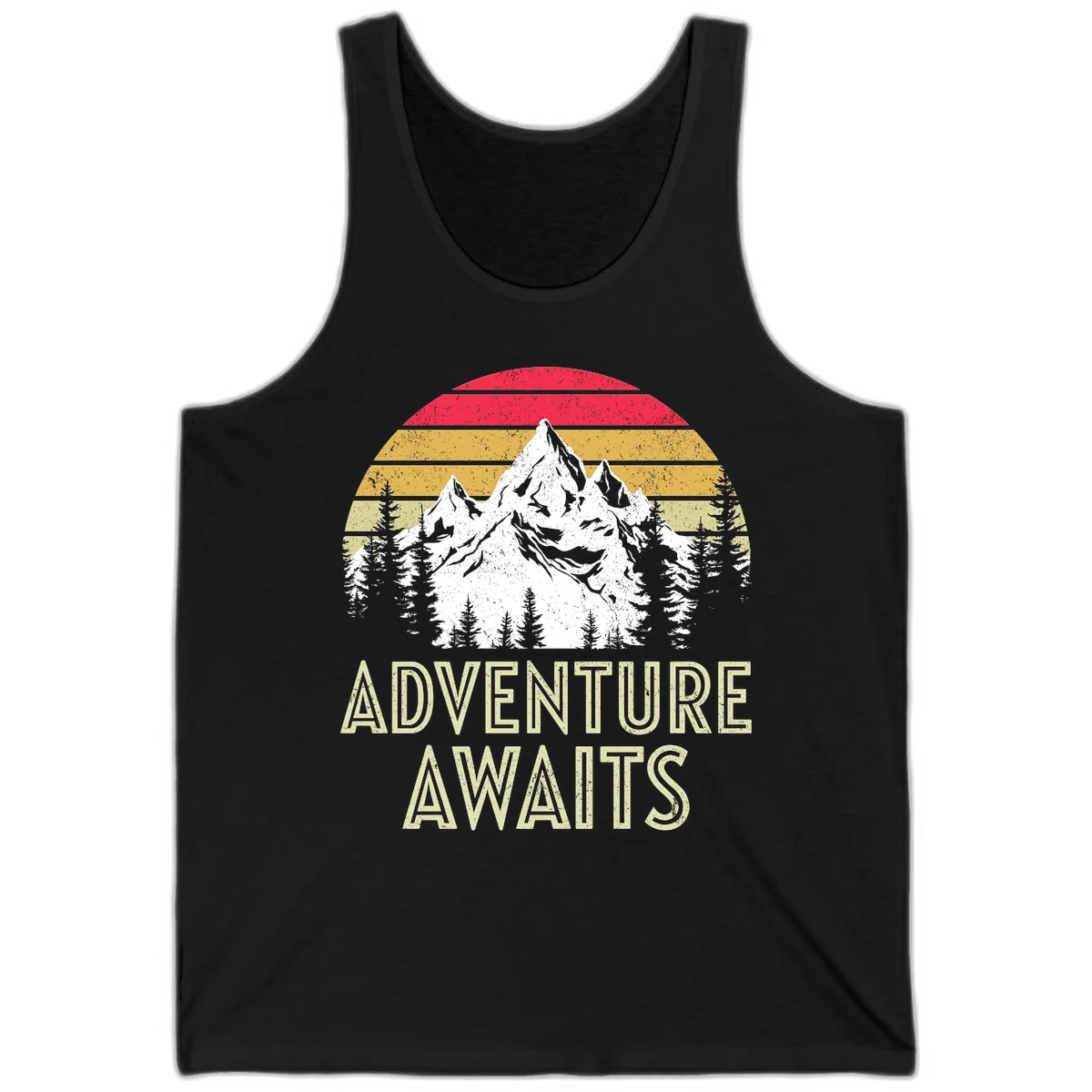 Retro adventure awaits design with snow-capped mountains, pine forest silhouettes, and vintage sunset stripes in distressed style. in Black